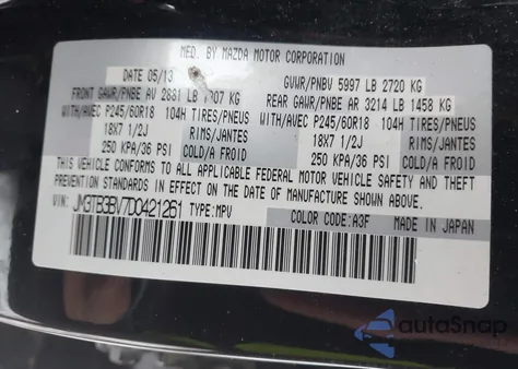 2013 Mazda Cx-9 Sport z USA, uszkodzony, nr VIN JM3TB3BV7D0421261